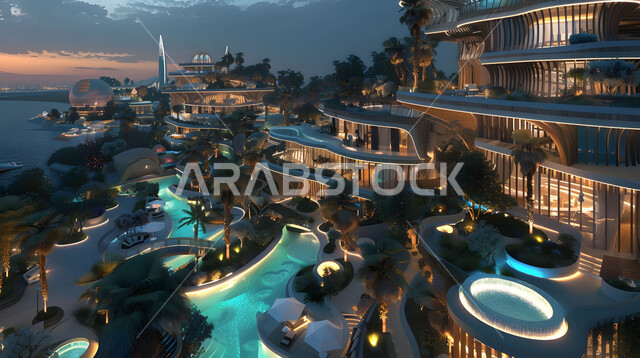 Illuminated towers, buildings and commercial facilities, urban progress and growth, arts and modern architectural designs for skyscrapers in the Kingdom, a Saudi future vision 2030, the concept of developing and improving infrastructure