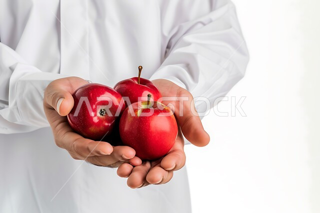 المحاصيل الزراعية السعودية ذات الجودة العالية، انتقاء أجود أنواع الفواكه الطازجة، بورتريه مقرب لشاب عربي خليجي سعودي يرتدي الثوب التقليدي يحمل بيده حبات التفاح الأحمر، وجبة طعام صحية خفيفة، تلبية الحاجات الضرورية للجسم، خلفية بيضاء