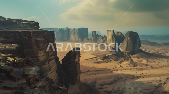 سلسلة جبال طويق في محافظة نجد في النهار، حافة نهاية العالم الصخرية في صحراء مدينة الرياض، معالم طبيعية اثرية سياحية مشهورة في المملكة العربية السعودية، الطبيعة الصحراوية والتضاريس الجبلية في السعودية