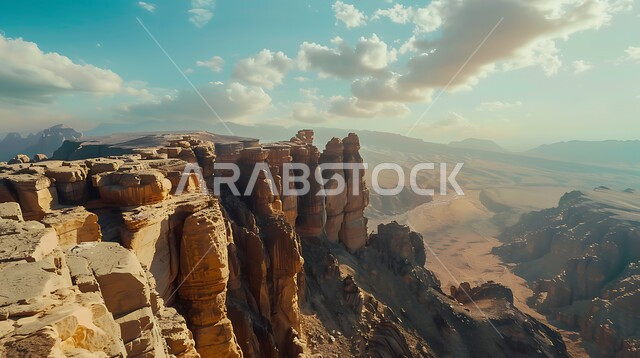 سلسلة جبال طويق في محافظة نجد في النهار، حافة نهاية العالم الصخرية في صحراء مدينة الرياض، معالم طبيعية اثرية سياحية مشهورة في المملكة العربية السعودية، الطبيعة الصحراوية والتضاريس الجبلية في السعودية