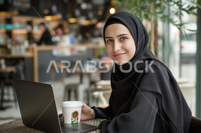  مهن ووظائف نسائية مكتبية، مفهوم إدارة شؤون الأعمال وتنظيمها عبر الاجهزة الحديثة، دمج العمل مع التقنية والتكنولوجيا، صورة مقربة لامرأة عربية خليجية سعودية محجبة تقوم بالعمل على الحاسوب المحمول فسي احد المقاهي