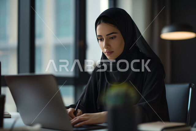 مفهوم إدارة شؤون الأعمال وتنظيمها عبر الاجهزة الحديثة، دمج العمل مع التقنية والتكنولوجيا، صورة مقربة لامرأة عربية خليجية سعودية محجبة تقوم بالعمل على الحاسوب المحمول على مكتبها داخل مقر الشركة، مهن ووظائف نسائية مكتبية