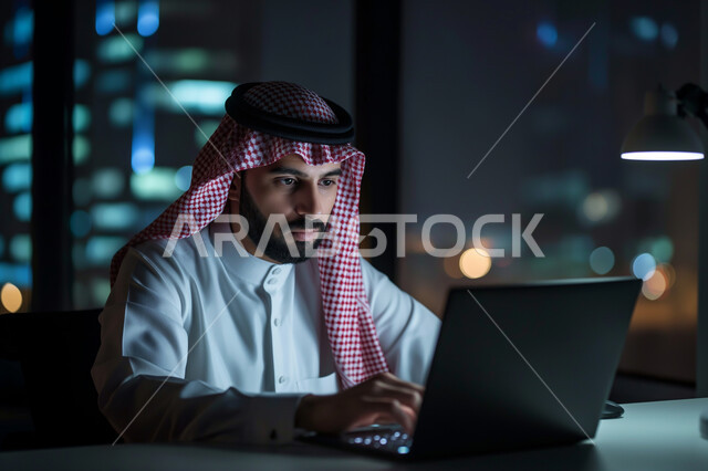  مهن ووظائف ادارية مكتبية، إدارة شؤون الأعمال وتنظيمها عبر الاجهزة التقنية في الليل، رجل اعمال عربي خليجي سعودي يرتدي الزي التقليدي والشماغ يعمل على الحاسوب المحمول على المكتب، دمج العمل مع التقنية والتكنولوجيا