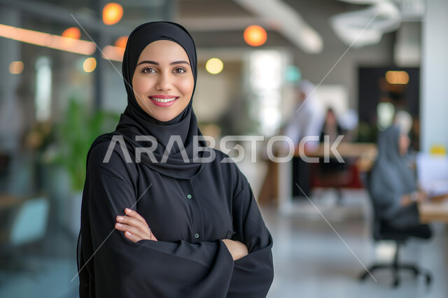 دور المرأة في تطوير المجتمع السعودي في كافة المجالات, مديرة أعمال عربية خيجية سعودية محجبة ترتدي الحجاب والعباءة تقف في المكتب بيدين متقاطعتين بإيماءات السعادة، مديرة تنفيذية مبتسمة تعقد صفقة ناجحة في العمل، تنمية عمل النساء في المملكة العربية السعودية