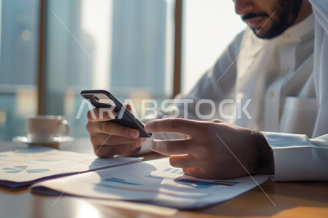 إنجاز المشاريع والمهام، مهن ووظائف ادارية مكتبية، إدارة شؤون الأعمال وتنظيمها عبر الاجهزة التقنية، دمج العمل مع التقنية والتكنولوجيا، رجل عربي خليجي سعودي يرتدي الثوب التقليدي يستخدم الهاتف المحمول لإنجاز المهام
