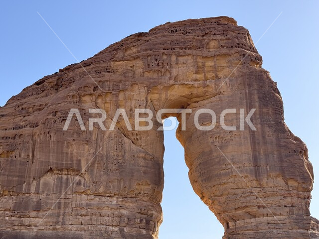 مفهوم الحضارات القديمة، المعالم التاريخية الأثرية، صورة مقربة لجبل الفيل في مدينة العلا، التكوينات والتشكيلات الصخرية في المملكة العربية السعودية، الطبيعة الصحراوية المتميزة، الأماكن والمناطق السياحية المشهورة