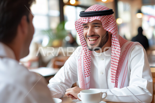قضاء وقت ممتع في الخارج مع الاصدقاء، الاستمتاع بشرب المشروبات الساخنة في احدى الكافيهات، صورة مقربة لرجل عربي خليجي سعودي مبتسم يرتدي الشماغ والثوب التقليدي يحمل بيده فنجان من القهوة، الاهتمام بالمظهر الخارجي، مفهوم الاناقة والوسامة