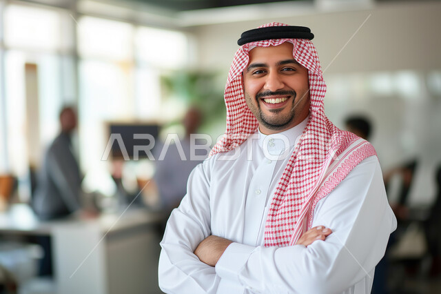 مفهوم الأناقة والإهتمام بالمظهر الخارجي، رجل أعمال عربي خليجي سعودي مبتسم يرتدي الثوب التقليدي والشماغ ينظر الى الكاميرا يقف باستقامة وايدي متقاطعة، مهن ووظائف ادارية سعودية، توضيح مهام العمل واستراتيجيات الشركة