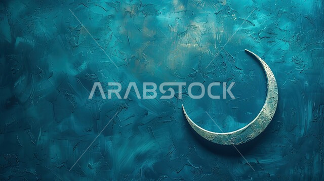Decorative silver metal crescent, greeting cards on the occasion of the holy month of Ramadan, Ramadan and spiritual backgrounds, greeting cards on the occasion of happy Islamic holidays, blue background