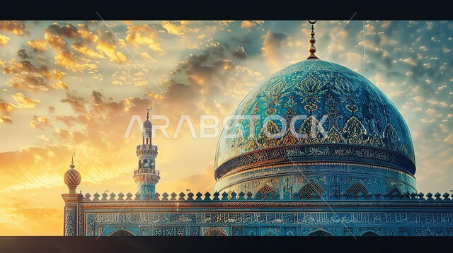 قبة المسجد المزخرفة وقت غروب الشمس، أجواء رمضانية روحانية، العبادة والتقرب الى الله في شهر رمضان المبارك، الفن الهندسي المعماري على الطراز الاسلامي، تصاميم اسلامية دينية