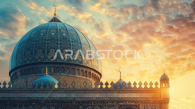 العبادة والتقرب الى الله في شهر رمضان المبارك، الفن الهندسي المعماري على الطراز الاسلامي، تصاميم اسلامية دينية، قبة المسجد المزخرفة وقت غروب الشمس، أجواء رمضانية روحانية