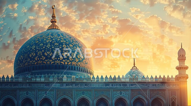 قبة المسجد المزخرفة وقت غروب الشمس، أجواء رمضانية روحانية، العبادة والتقرب الى الله في شهر رمضان المبارك، الفن الهندسي المعماري على الطراز الاسلامي، تصاميم اسلامية دينية