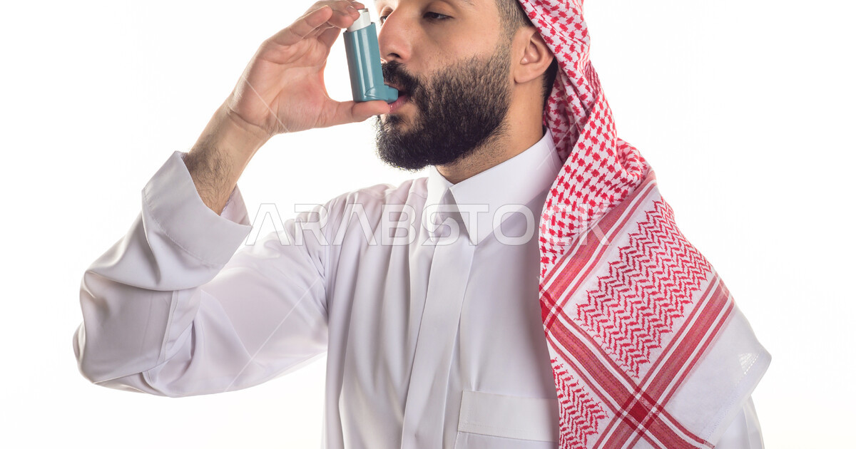 Portrait of a Saudi Arabian Gulf man suffering from breathing health ...