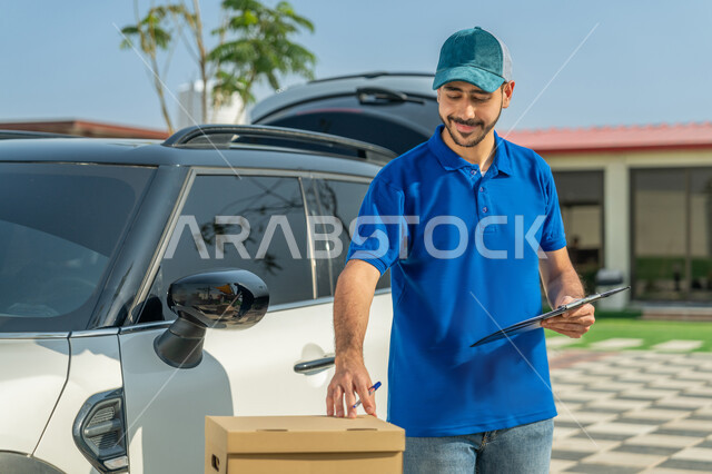 عمليات التوصيل السريعة في الإمارات, تسليم البضائع والطلبات للزبائن، عامل إماراتي خليجي عربي إماراتي مبتسم يرتدي الزي الكاجوال يجمل بيده أوراق ومستندات استلام وتسليم الطرود، التأكد من صحة الطلبية بتعابير السرور والرضا