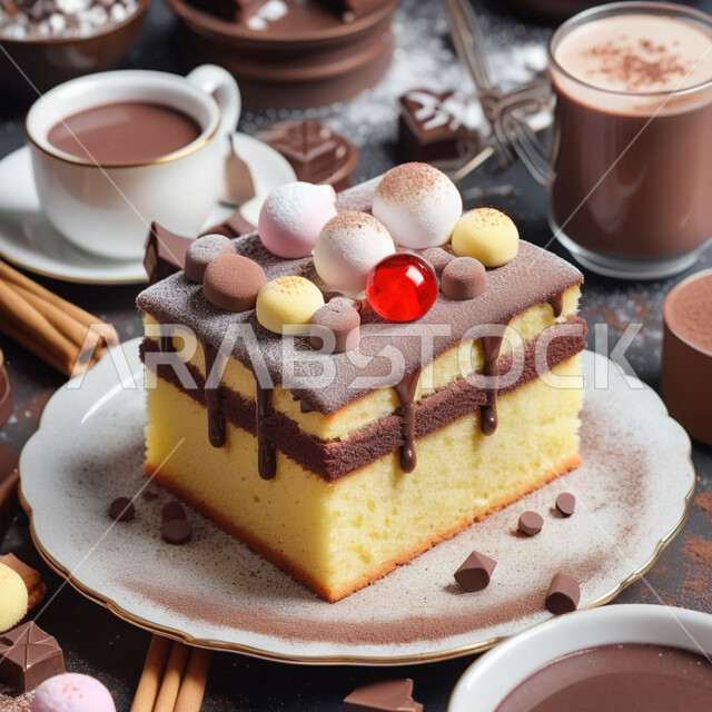 A piece of fragile cake decorated with chocolate sauce and cups of hot coffee, foods full of sugars and high calories, delicious oven-baked sweets and pastries, a plate of delicious cake.