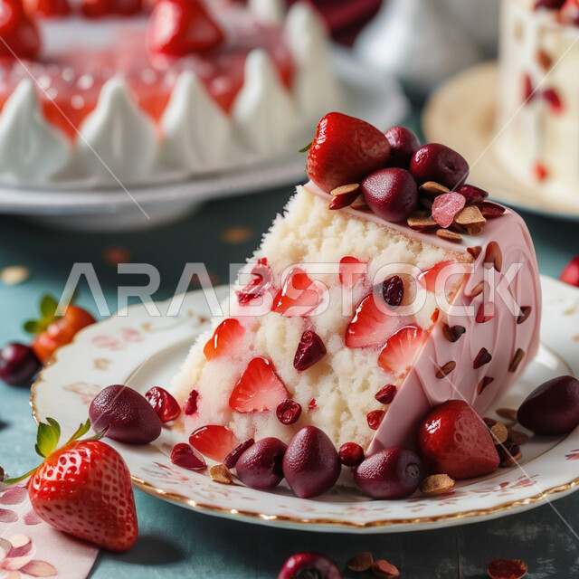 Sugars and foods full of high calories, a piece of cake decorated with strawberries and cranberries, delicious oven-baked sweets and pastries, a plate of delicious cake rich in cream.