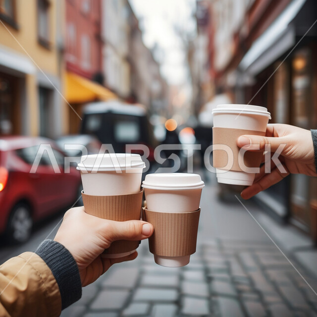 قضاء أوقات ممتعة مع الأصدقاء في أوقات الفراغ، صورة مقربة لمجموعة من الأيادي تحمل أكواب القهوة الساخنة، الاستمتاع بالأجواء الشتوية في شوارع وطرقات المملكة العربية السعودية
