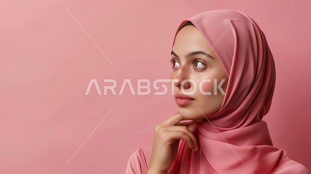 الاهتمام بالمظهر الخارجي، بورتريه مقرب لسيدة عربية خليجية سعودية محجبة تضع يدها على ذقنها تنظر لمكان ما بإيماءات الشرود، مفهوم الأناقة والأنوثة والشياكة، أزياء عصريه حديثه، خلفية وردية