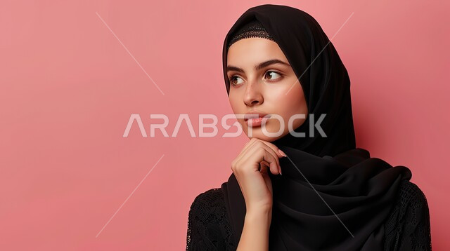 مفهوم الأناقة والأنوثة والشياكة، الاهتمام بالمظهر الخارجي، بورتريه مقرب لسيدة عربية خليجية سعودية محجبة تضع يدها على ذقنها تنظر لمكان ما بإيماءات الشرود، أزياء عصريه حديثه، خلفية وردية