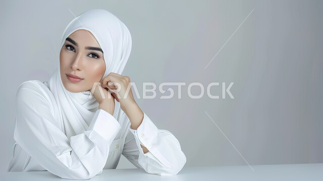 أزياء عصريه حديثه، الاهتمام بالمظهر الخارجي، مفهوم الأناقة والأنوثة والشياكة، بورتريه مقرب لسيدة عربية خليجية سعودية محجبة تنظر إلى الكاميرا بإيماءات الثقة بالنفس، خلفية رمادية
