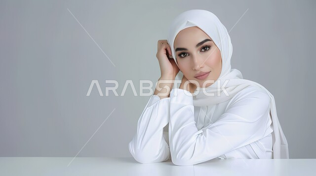 مفهوم الأناقة والأنوثة والشياكة، الاهتمام بالمظهر الخارجي، بورتريه مقرب لسيدة عربية خليجية سعودية محجبة تنظر إلى الكاميرا بإيماءات الثقة بالنفس، أزياء عصريه حديثه، خلفية رمادية
