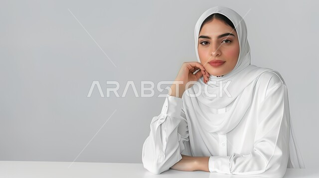 الاهتمام بالمظهر الخارجي، مفهوم الأناقة والأنوثة والشياكة، بورتريه مقرب لسيدة عربية خليجية سعودية محجبة تنظر إلى الكاميرا بإيماءات الثقة بالنفس، أزياء عصريه حديثه، خلفية رمادية