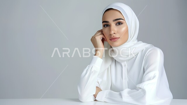 مفهوم الأناقة والأنوثة والشياكة، الاهتمام بالمظهر الخارجي، بورتريه مقرب لسيدة عربية خليجية سعودية محجبة تنظر إلى الكاميرا بإيماءات الثقة بالنفس، أزياء عصريه حديثه، خلفية رمادية