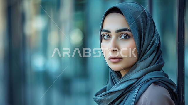 أزياء عصريه حديثه، الاهتمام بالمظهر الخارجي، مفهوم الأناقة والأنوثة والشياكة، صورة مقربة لسيدة عربية خليجية سعودية محجبة تنظر إلى الكاميرا بإيماءات الثقة بالنفس