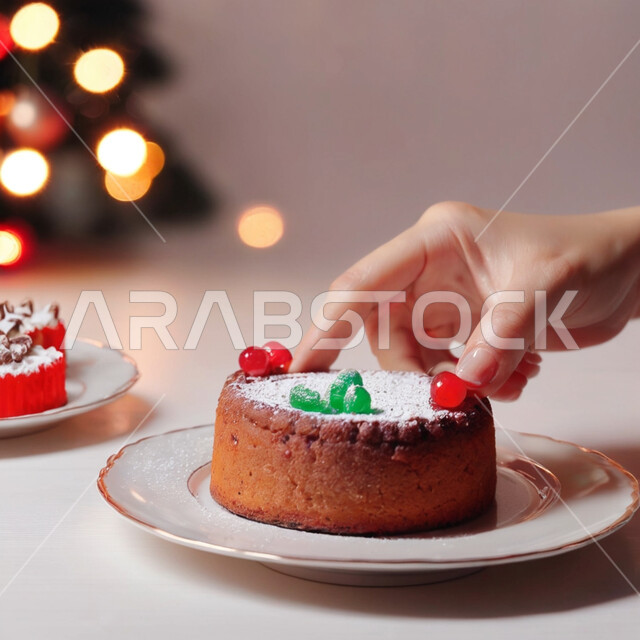 كعكة الحلوى الشهية المزينة بالسكر الناعم, صورة مقربة لقالب الكيك الهش واللذيذ، مأكولات مليئة بالسكريات والسعرات الحرارية، حلويات طازجة مخبوزة في الفرن