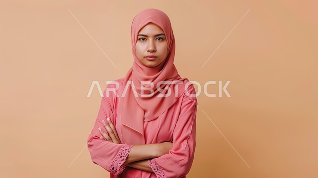 Looking at the camera with serious gestures, the concept of femininity and softness, interest in elegance and external appearance, a close-up portrait of a veiled Saudi Gulf Arab woman standing with crossed hands, beige background