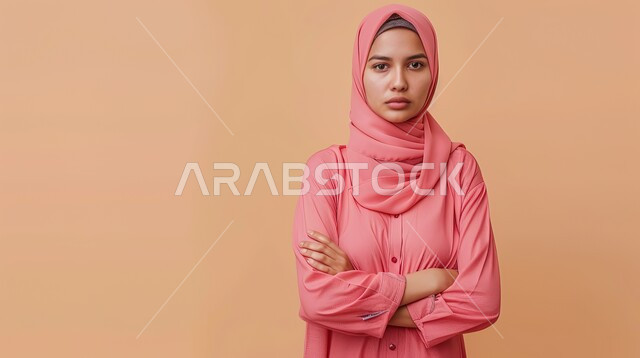 النظر الى الكاميرا بإيماءات الجدية، مفهوم الأنوثة والنعومة، الاهتمام بالأناقة والمظهر الخارجي، بورتريه مقرب لامرأة عربية خليجية سعودية محجبة تقف بايدي متقاطعة، خلفية بيج