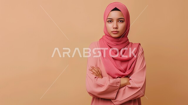 مفهوم الأنوثة والنعومة، النظر الى الكاميرا بإيماءات الجدية، الاهتمام بالأناقة والمظهر الخارجي، بورتريه مقرب لامرأة عربية خليجية سعودية محجبة تقف بايدي متقاطعة، خلفية بيج