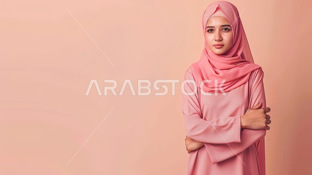 الاهتمام بالأناقة والمظهر الخارجي، النظر الى الكاميرا بإيماءات الجدية، مفهوم الأنوثة والنعومة، بورتريه مقرب لامرأة عربية خليجية سعودية محجبة تقف بايدي متقاطعة، خلفية وردية