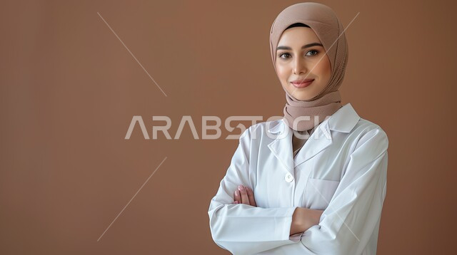 الفحص الطبي وتقديم الخدمات الصحية للمرضى، العمل في المستشفيات والمراكز الطبية، بورتريه مقرب لطبيبة عربية خليجية سعودية محجبة مبتسمة ترتدي المعطف الأبيض تقف بايدي متقاطعة تنظر إلى الكاميرا بايماءات الثقة بالنفس، خلفية بنية