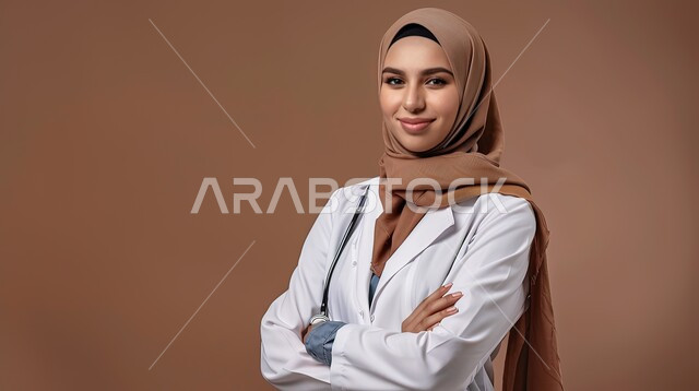 العمل في المستشفيات والمراكز الطبية، بورتريه مقرب لطبيبة عربية خليجية سعودية محجبة مبتسمة ترتدي المعطف الأبيض تقف بايدي متقاطعة تنظر إلى الكاميرا بايماءات الثقة بالنفس، الفحص الطبي وتقديم الخدمات الصحية للمرضى، خلفية بنية