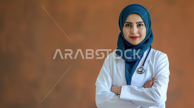 الفحص الطبي وتقديم الخدمات الصحية للمرضى، العمل في المستشفيات والمراكز الطبية، بورتريه مقرب لطبيبة عربية خليجية سعودية محجبة مبتسمة ترتدي المعطف الأبيض تقف بايدي متقاطعة تنظر إلى الكاميرا بايماءات الثقة بالنفس، خلفية بنية