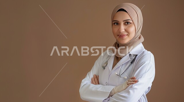 العمل في المستشفيات والمراكز الطبية، بورتريه مقرب لطبيبة عربية خليجية سعودية محجبة مبتسمة ترتدي المعطف الأبيض تقف بايدي متقاطعة تنظر إلى الكاميرا بايماءات الثقة بالنفس، الفحص الطبي وتقديم الخدمات الصحية للمرضى، خلفية بنية