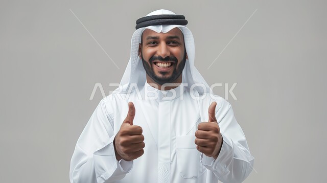 تعابير الإعجاب والرضى، مفهوم القبول والموافقه، بورتريه مقرب لرجل عربي خليجي سعودي يرتدي الزي التقليدي يرفع اصبع الابهام بإيماءات الامتياز والجودة، خلفية رمادية