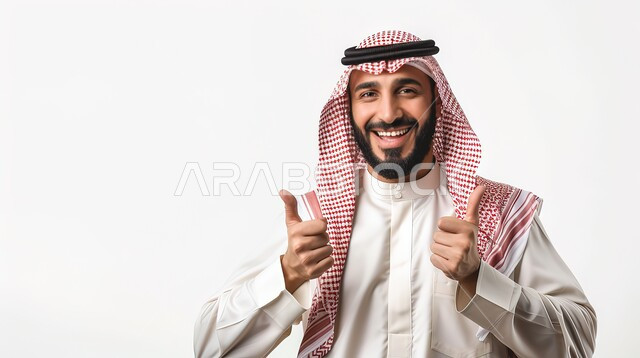 مفهوم القبول والموافقه، تعابير الإعجاب والرضى، بورتريه مقرب لرجل عربي خليجي سعودي يرتدي الزي التقليدي يرفع اصبع الابهام بإيماءات الامتياز والجودة، خلفية بيضاء