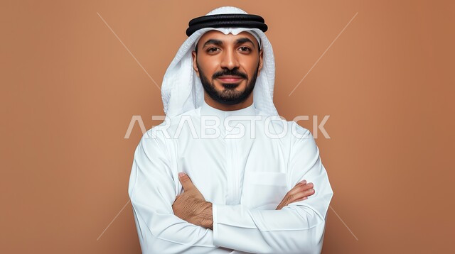 الاهتمام بالمظهر الخارجي، مفهوم الاناقة والرجولة، النظر إلى الكاميرا بايماءات الثقة بالنفس، بورتريه مقرب لرجل عربي خليجي اماراتي يرتدي الزي التقليدي يقف بايدي متقاطعة، خلفية بنية