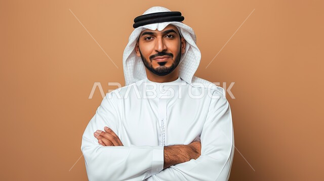 مفهوم الاناقة والرجولة، الاهتمام بالمظهر الخارجي، النظر إلى الكاميرا بايماءات الثقة بالنفس، بورتريه مقرب لرجل عربي خليجي اماراتي يرتدي الزي التقليدي يقف بايدي متقاطعة، خلفية بنية