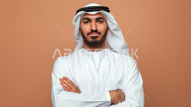 النظر إلى الكاميرا بايماءات الثقة بالنفس، مفهوم الاناقة والرجولة، الاهتمام بالمظهر الخارجي، بورتريه مقرب لرجل عربي خليجي اماراتي يرتدي الزي التقليدي يقف بايدي متقاطعة، خلفية بنية