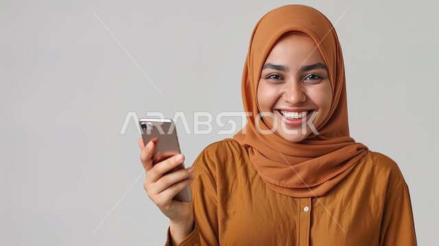 ايماءات الدهشة والسرور، سماع الاخبار والمفاجأت السعيدة، استخدام الاجهزة التكنولوجية الحديثة، بورتريه لإمرأة عربية خليجية سعودية محجبة مبتسمة تنظر إلى الكاميرا وتحمل هاتفها المحمول بتعابير الفرح والسعادة، الدردشة والتواصل مع الاهل والاصدقاء، خلفية رمادية