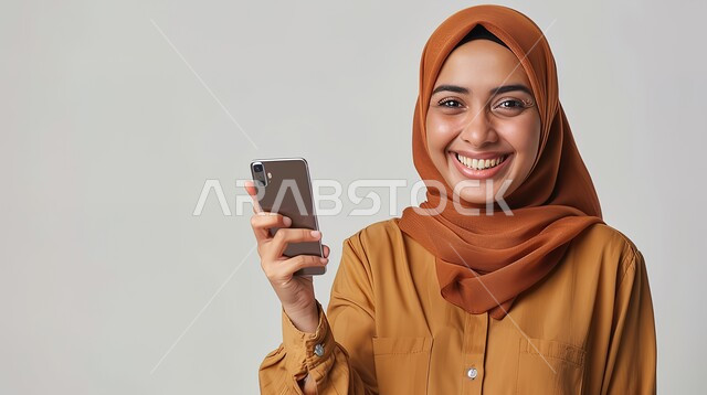 سماع الاخبار والمفاجأت السعيدة، استخدام الاجهزة التكنولوجية الحديثة، ايماءات الدهشة والسرور، بورتريه لإمرأة عربية خليجية سعودية محجبة مبتسمة تنظر إلى الكاميرا وتحمل هاتفها المحمول بتعابير الفرح والسعادة، الدردشة والتواصل مع الاهل والاصدقاء، خلفية رمادية