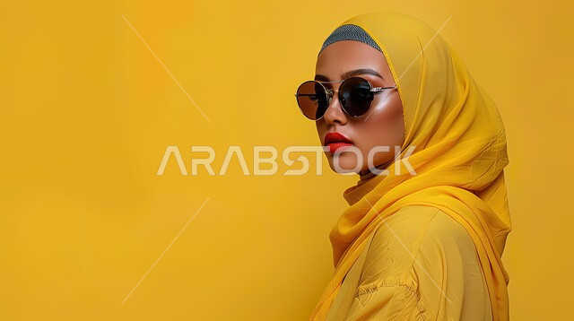 ملابس محجبات عصرية راقية، أناقة النساء السعوديات، بورتريه مقرب لامرأة عربية خليجية سعودية محجبة ترتدي لباس عصري حديث باللون الأصفر ونظارات شمسية تنظر الى الكاميرا بإيماءات الجدية و الثقة بالنفس، خلفية صفراء