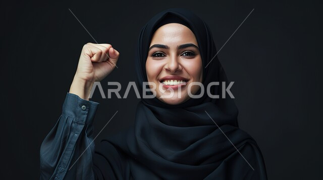 مفهوم النجاح و تحقيق الاهداف، ايماءات الفرح للانتهاء من انجاز شيء معين، النظر الى الكاميرا بتعابير الفوز والكسب، بورتريه لامرأة عربيه خليجيه سعوديه محجبه ترتدي عباءة باللون الأسود ترفع يديها للأعلى بحركات التشجيع والحماس، خلفية مسوداء
