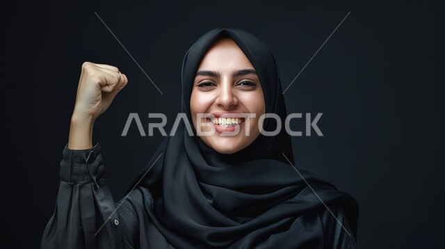 النظر الى الكاميرا بتعابير الفوز والكسب، ايماءات الفرح للانتهاء من انجاز شيء معين، مفهوم النجاح و تحقيق الاهداف، بورتريه لامرأة عربيه خليجيه سعوديه محجبه ترتدي عباءة باللون الأسود ترفع يديها للأعلى بحركات التشجيع والحماس، خلفية مسوداء