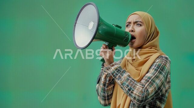 ايماءات يد تدل على الهتاف والتشجيع والحماس, استخدام بوق الصوت لاعلان أخبار مهمة، بورتريه مقرب لشابة عربية سعودية خليجية محجبة تحمل بيدها مكبر الأصوات وتقوم بالصراخ، المناداه والاعلان ولفت الانتباه، خلفية خضراء