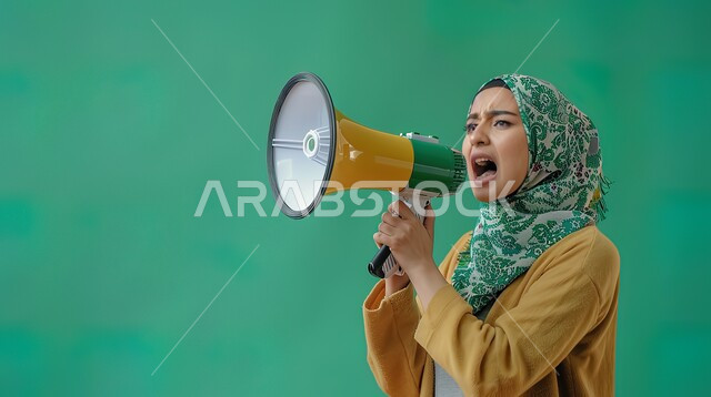 استخدام بوق الصوت لاعلان أخبار مهمة، ايماءات يد تدل على الهتاف والتشجيع والحماس, بورتريه مقرب لشابة عربية سعودية خليجية محجبة تحمل بيدها مكبر الأصوات وتقوم بالصراخ، المناداه والاعلان ولفت الانتباه، خلفية خضراء