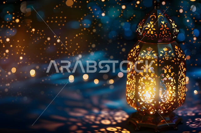 ديكورات وتحف وفوانيس تقليدية للاحتفال بقدوم شهر رمضان المبارك، التقاليد والعادات العربية في زينة الأعياد والمناسبات الدينية، أجواء رمضانية وروحانية إسلامية، فانوس عربي معدني مزخرف بداخله سن مضيء